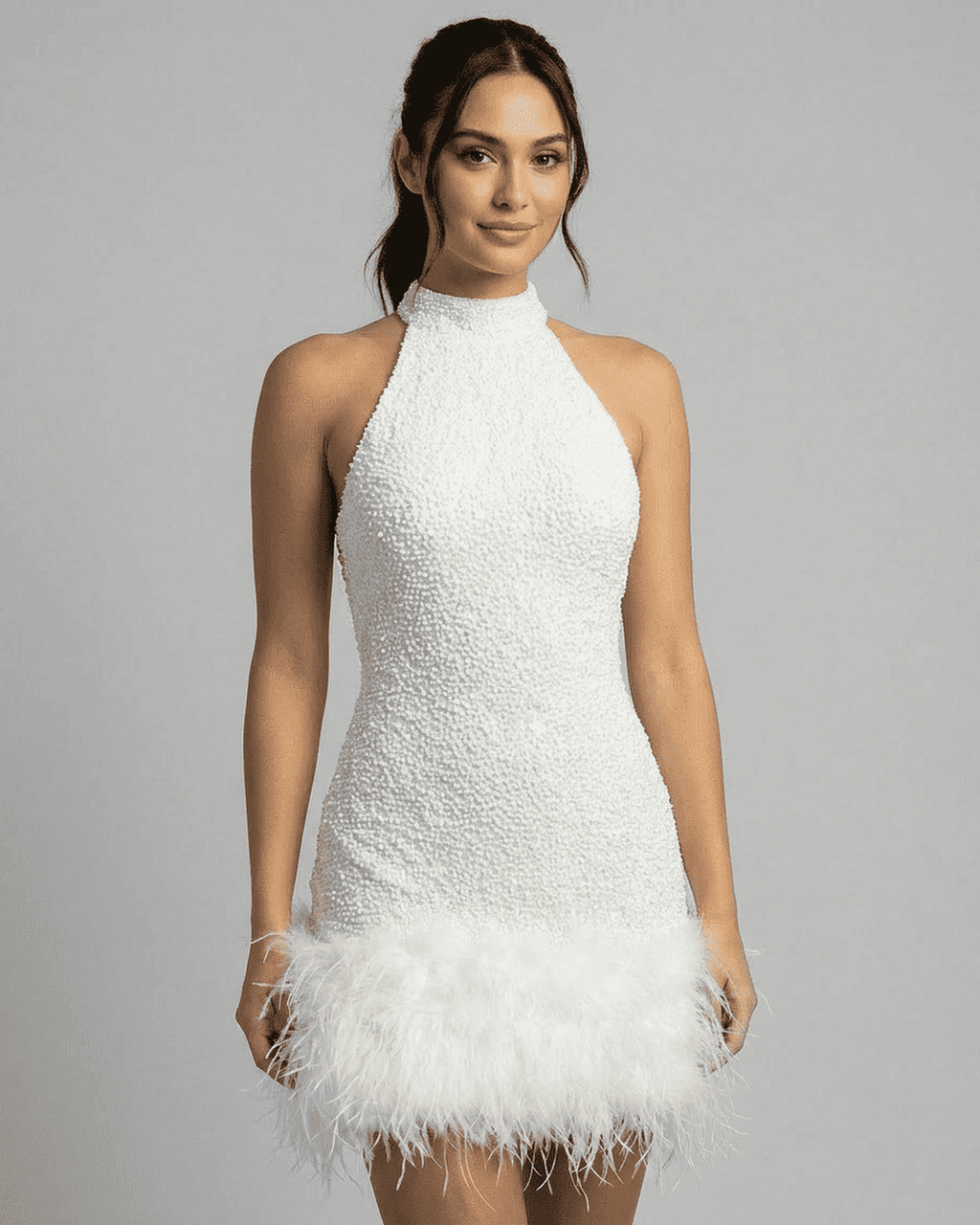 Women's Halter Mini Dress with Feather Hem Detail