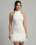 Women's Halter Mini Dress with Feather Hem Detail