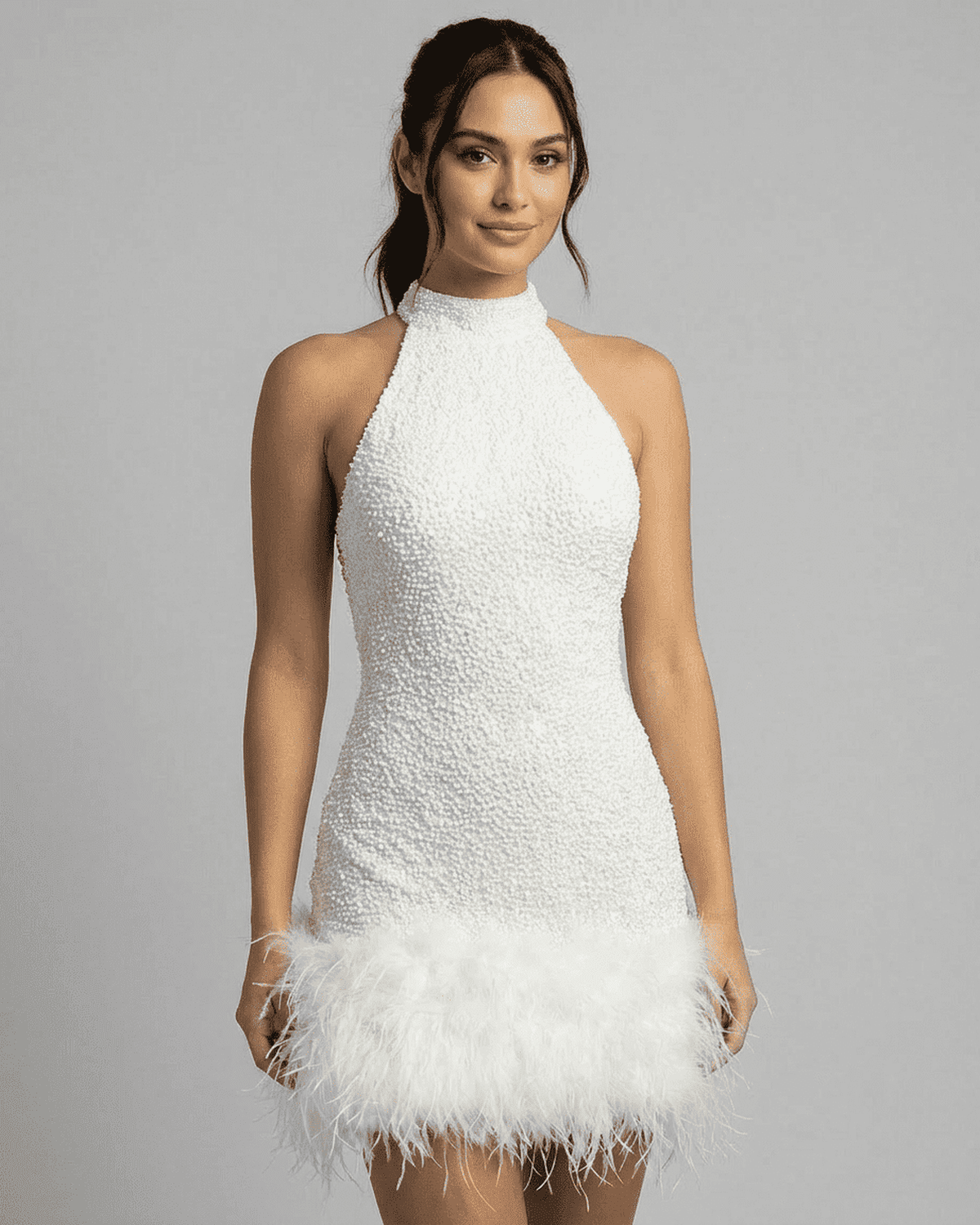 Women's Halter Mini Dress with Feather Hem Detail