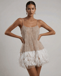 Women's Sequin Spaghetti Strap Mini Dress with Feather Trim