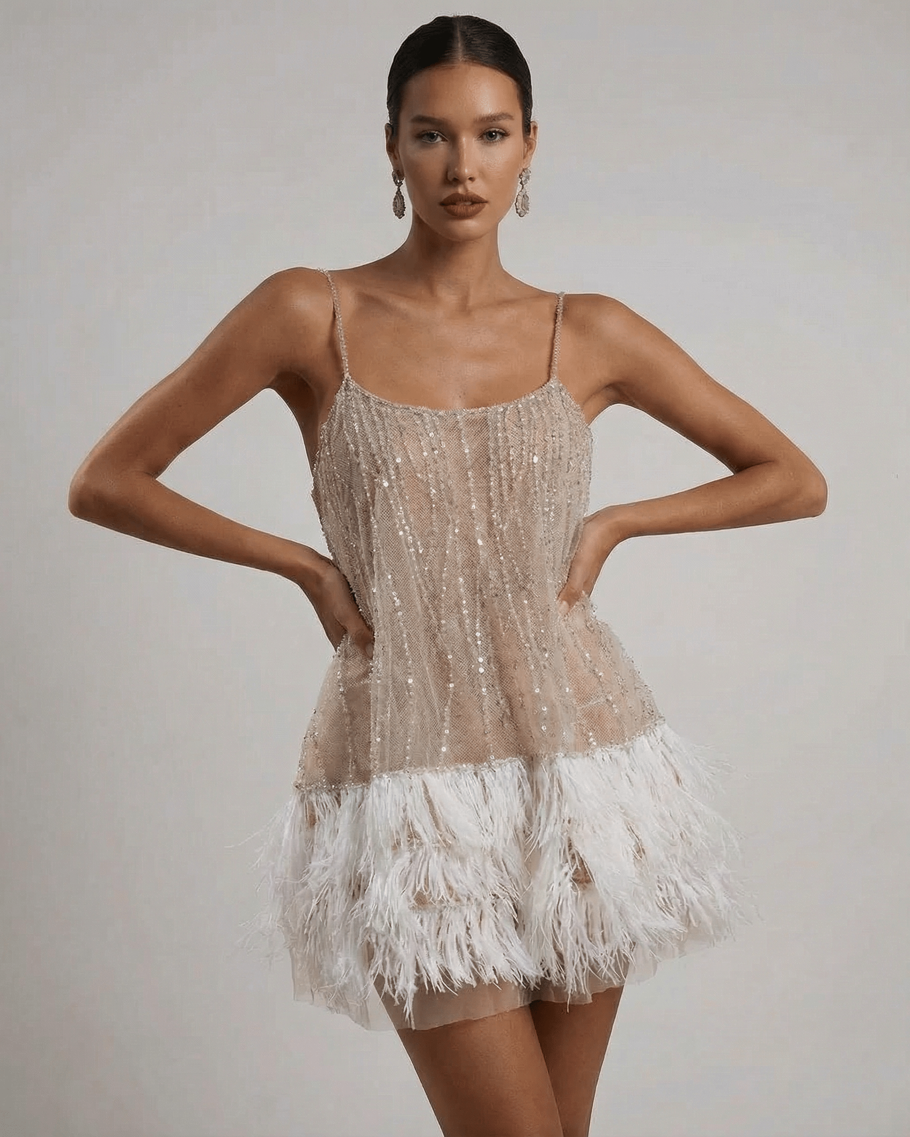 Women's Sequin Spaghetti Strap Mini Dress with Feather Trim