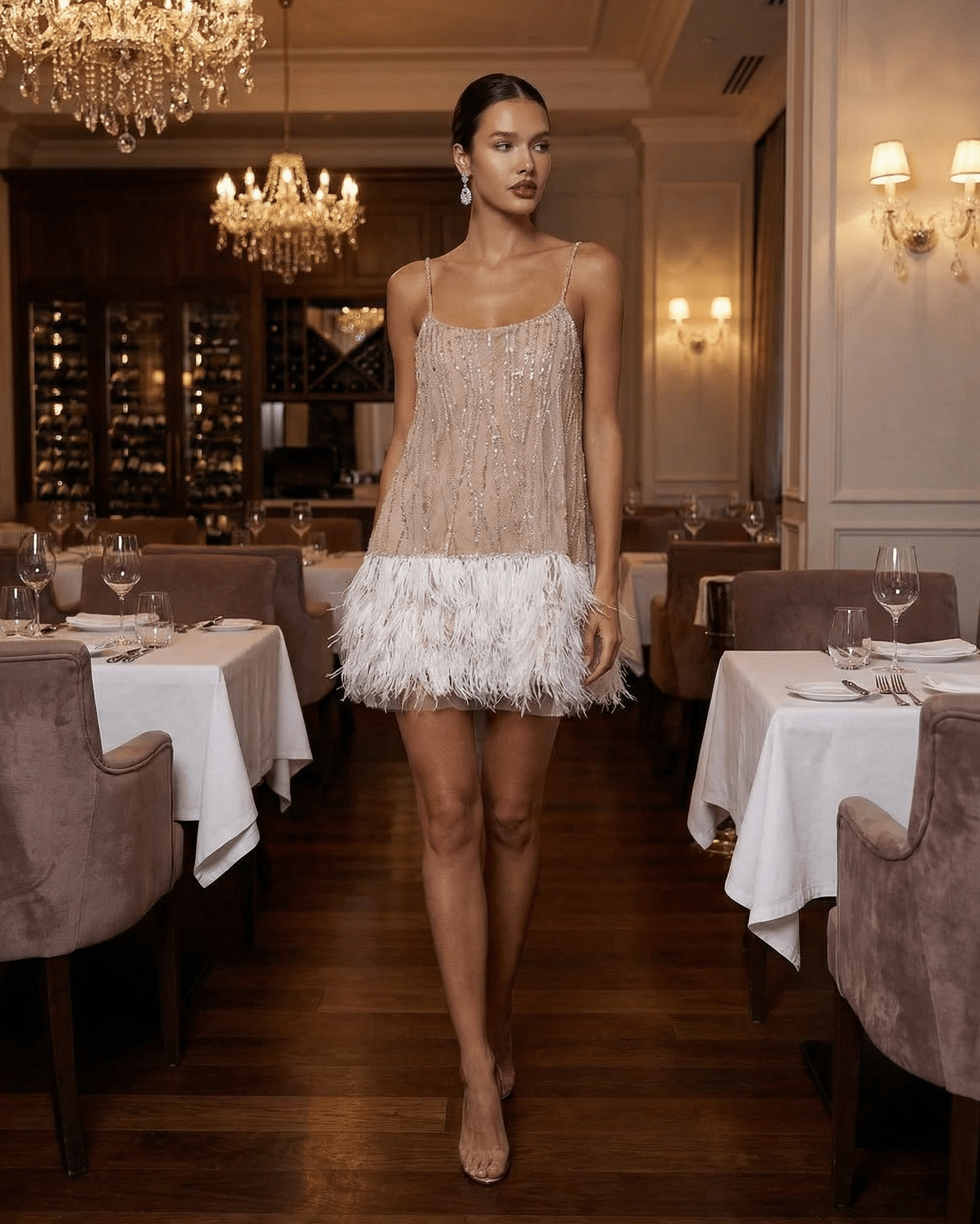 Women's Sequin Spaghetti Strap Mini Dress with Feather Trim