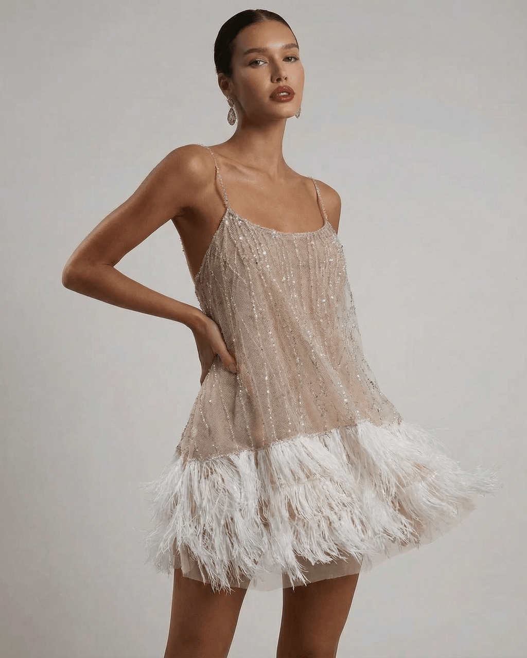 Women's Sequin Spaghetti Strap Mini Dress with Feather Trim