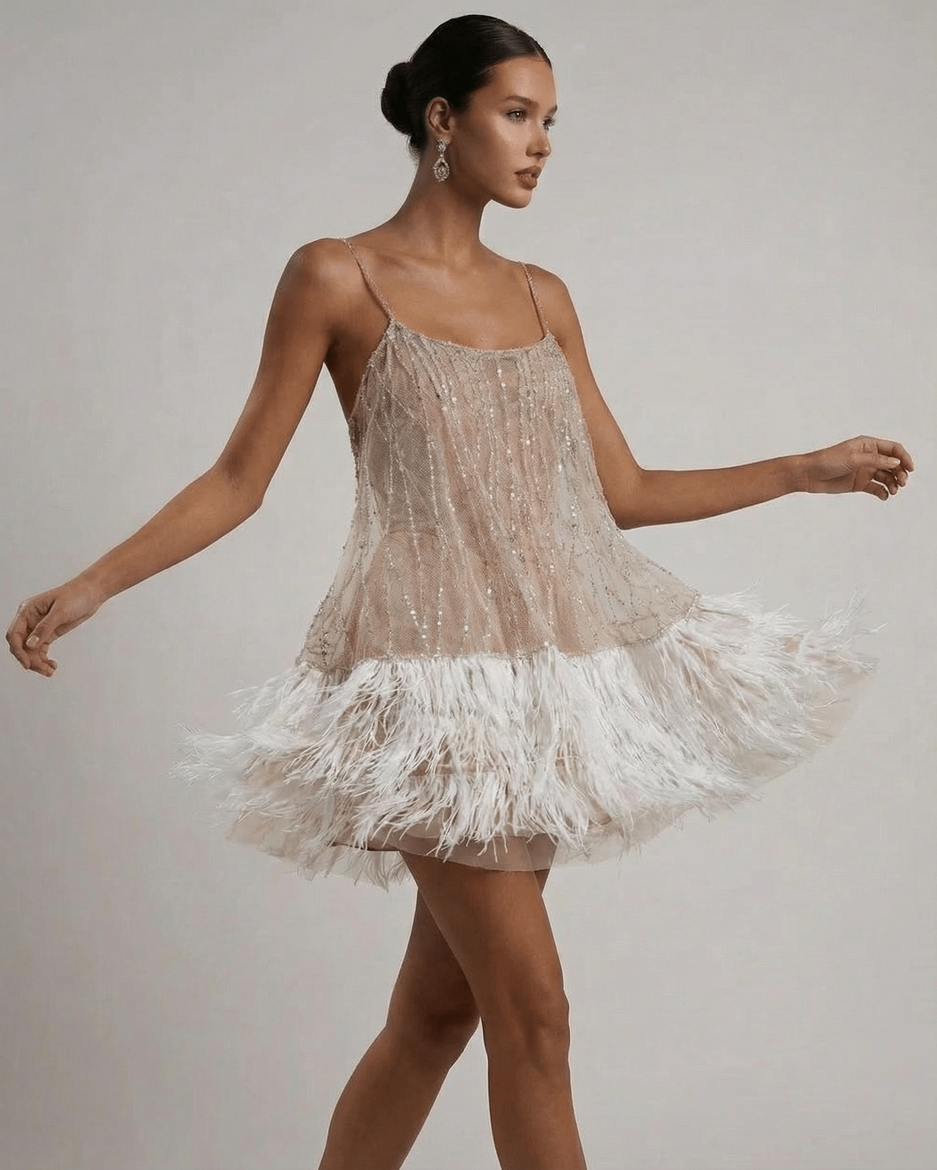 Women's Sequin Spaghetti Strap Mini Dress with Feather Trim