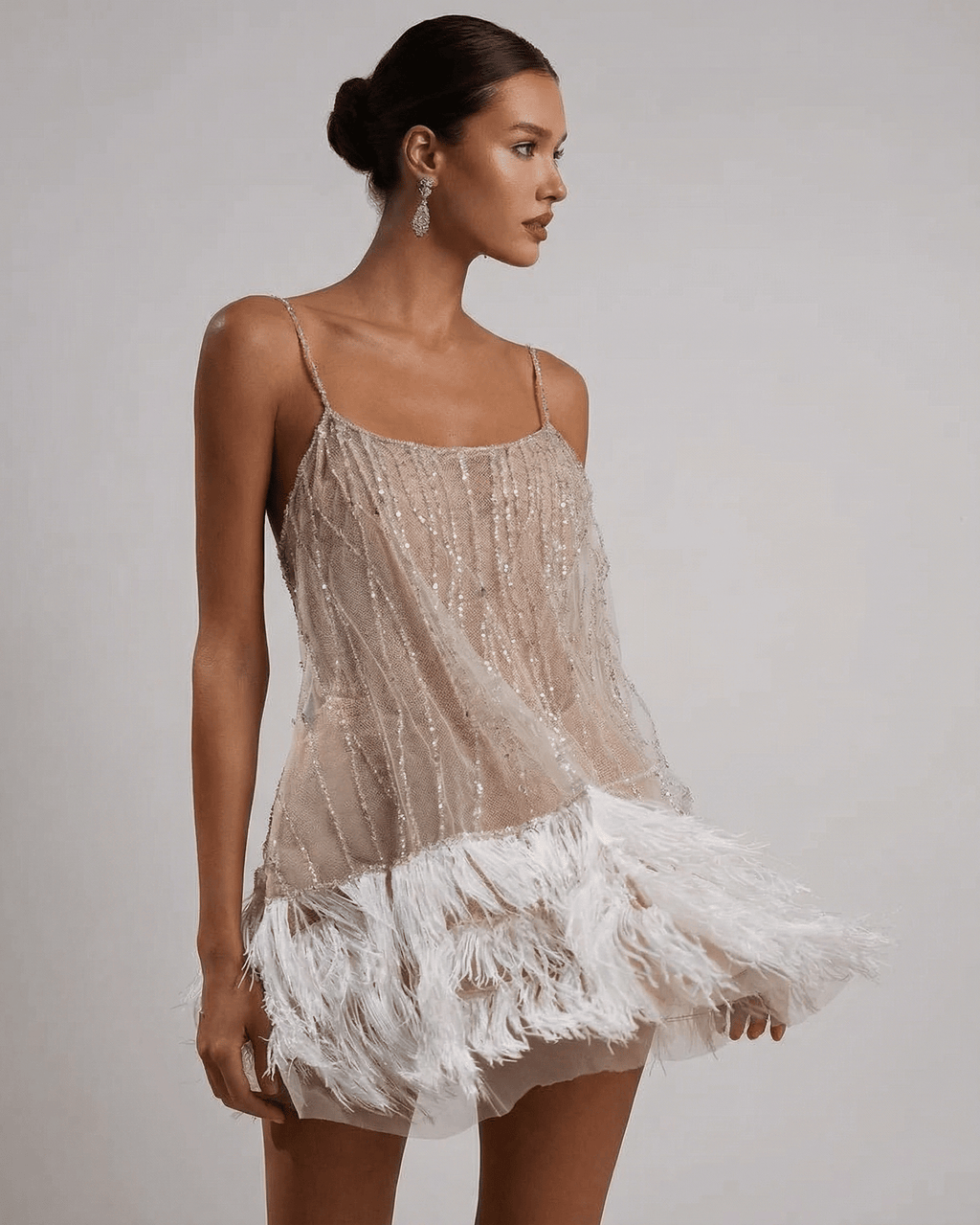 Women's Sequin Spaghetti Strap Mini Dress with Feather Trim