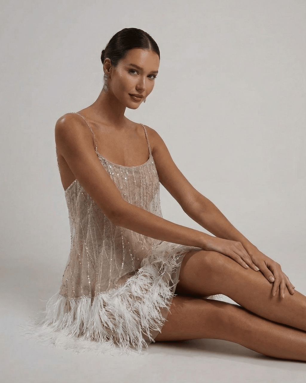 Women's Sequin Spaghetti Strap Mini Dress with Feather Trim