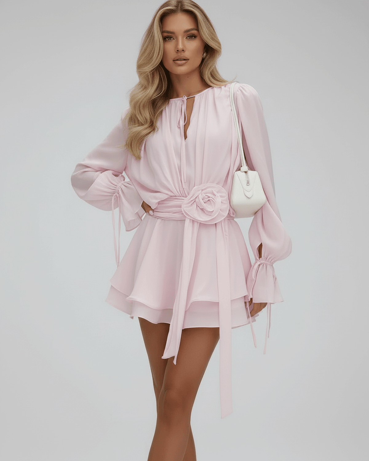 Women's Long Sleeve Tiered Mini Dress with Rose Belt