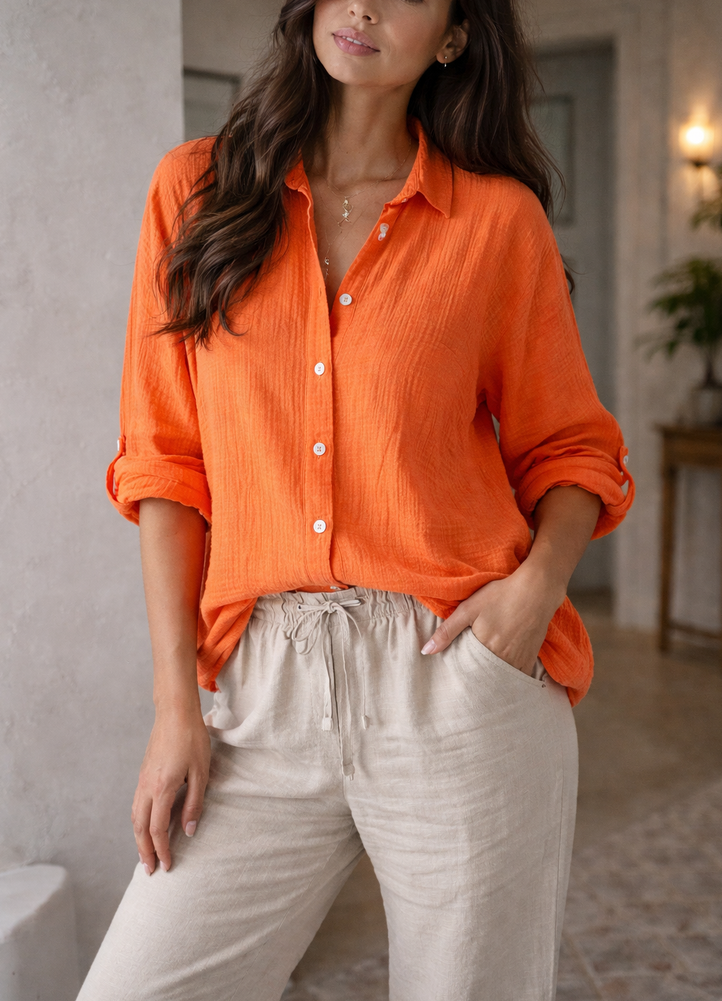 Women's Long Sleeve Collared Button-Down Shirt