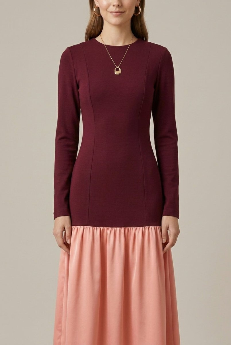 Long Sleeve Drop Waist Midi Dress – Fitted Panel Bodice with Contrast Flared Skirt