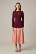 Long Sleeve Drop Waist Midi Dress – Fitted Panel Bodice with Contrast Flared Skirt