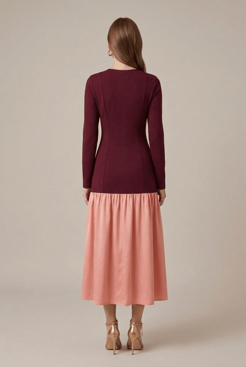Long Sleeve Drop Waist Midi Dress – Fitted Panel Bodice with Contrast Flared Skirt