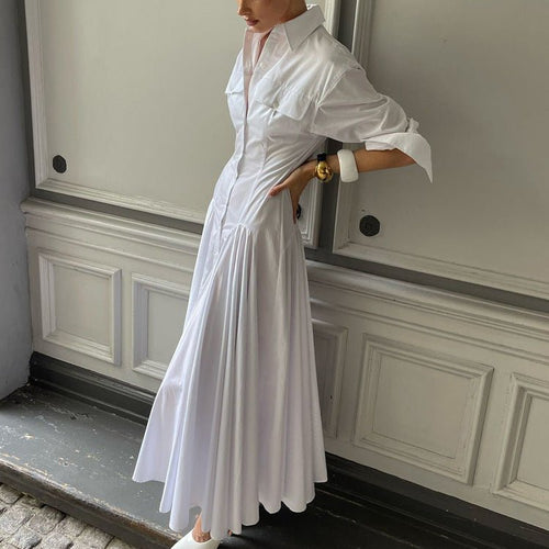 Long Sleeve Drop Waist Shirt Maxi Dress – Button Front Collar Design