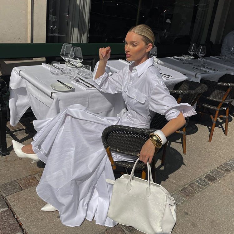Long Sleeve Drop Waist Shirt Maxi Dress – Button Front Collar Design