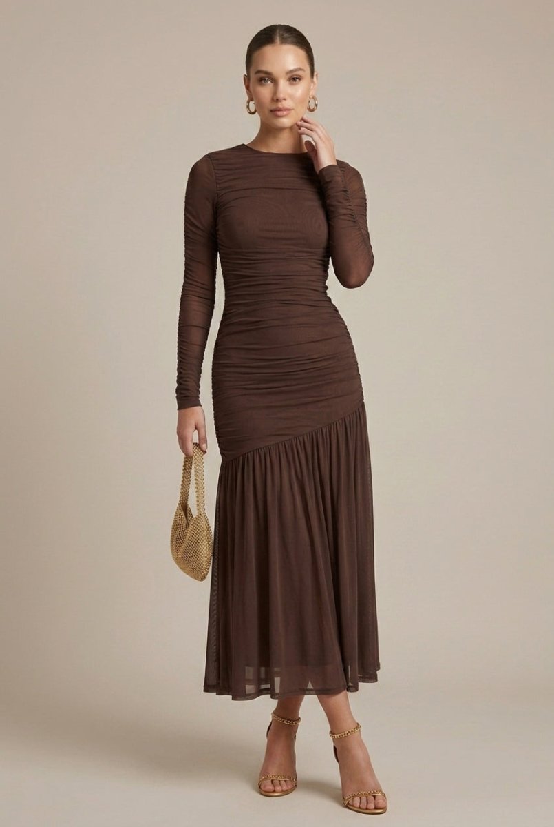 Long Sleeve Ruched Drop Waist Maxi Dress – Asymmetric Seam with Flared Hem