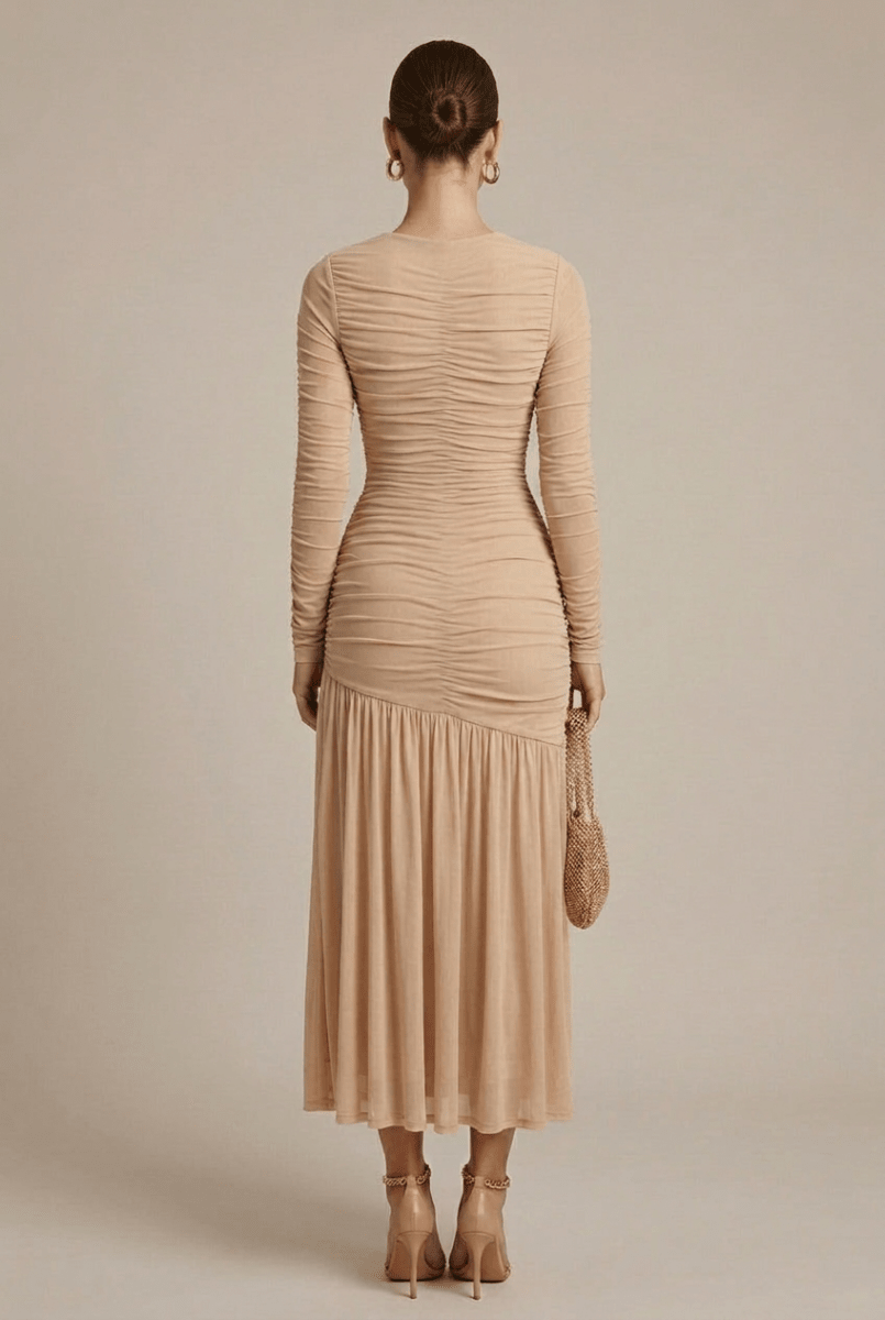 Long Sleeve Ruched Drop Waist Maxi Dress – Asymmetric Seam with Flared Hem