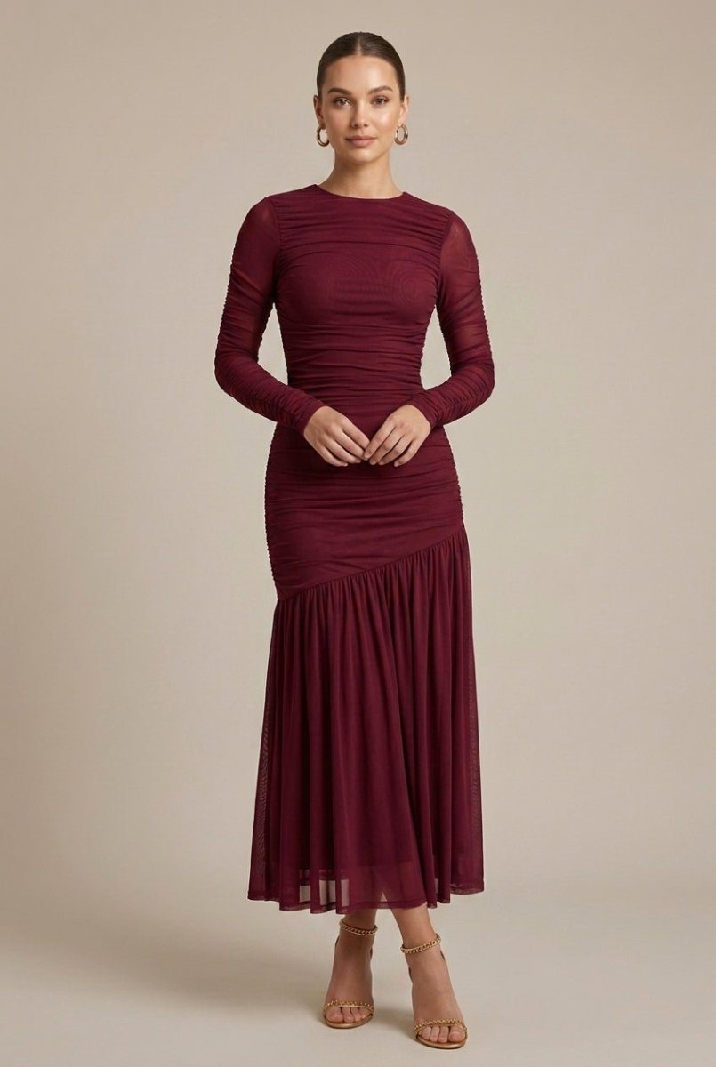 Long Sleeve Ruched Drop Waist Maxi Dress – Asymmetric Seam with Flared Hem