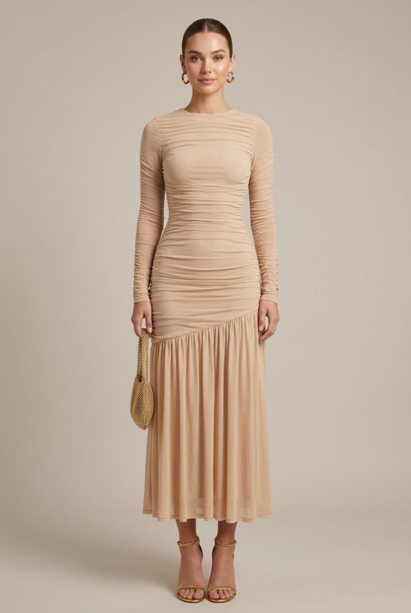 Long Sleeve Ruched Drop Waist Maxi Dress – Asymmetric Seam with Flared Hem
