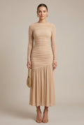 Long Sleeve Ruched Drop Waist Maxi Dress – Asymmetric Seam with Flared Hem
