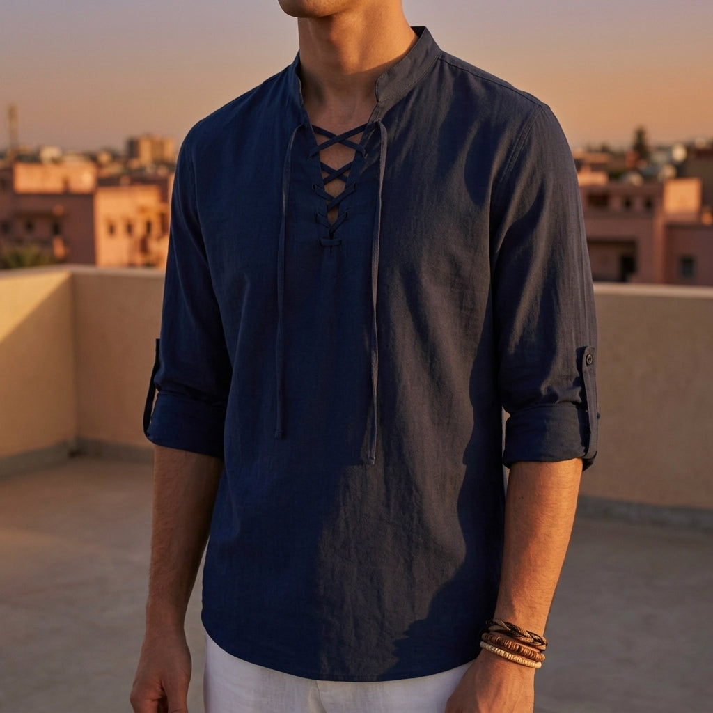Men's Linen Blend Lace-Up Band Collar Roll-Up Sleeve Shirt