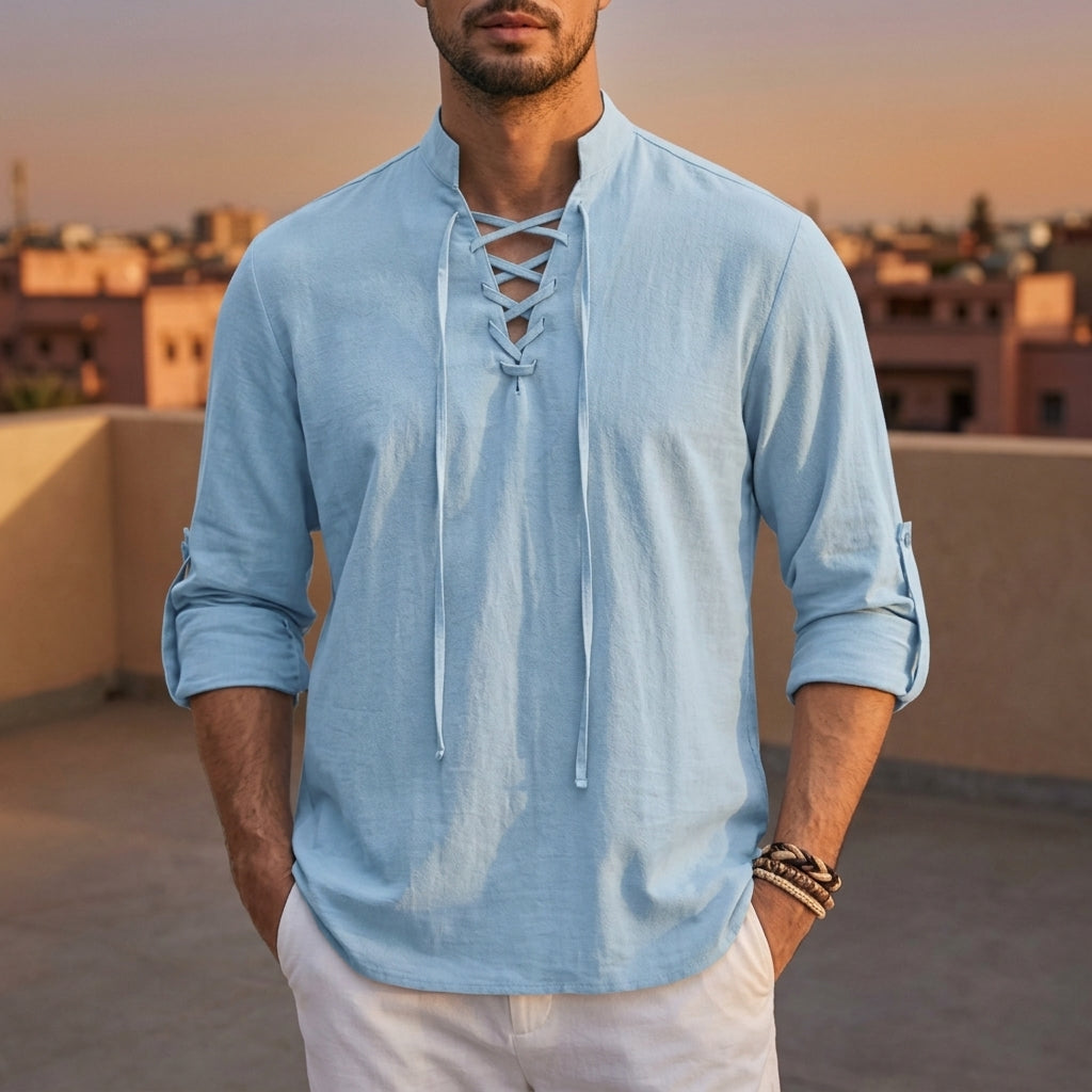 Men's Linen Blend Lace-Up Band Collar Roll-Up Sleeve Shirt