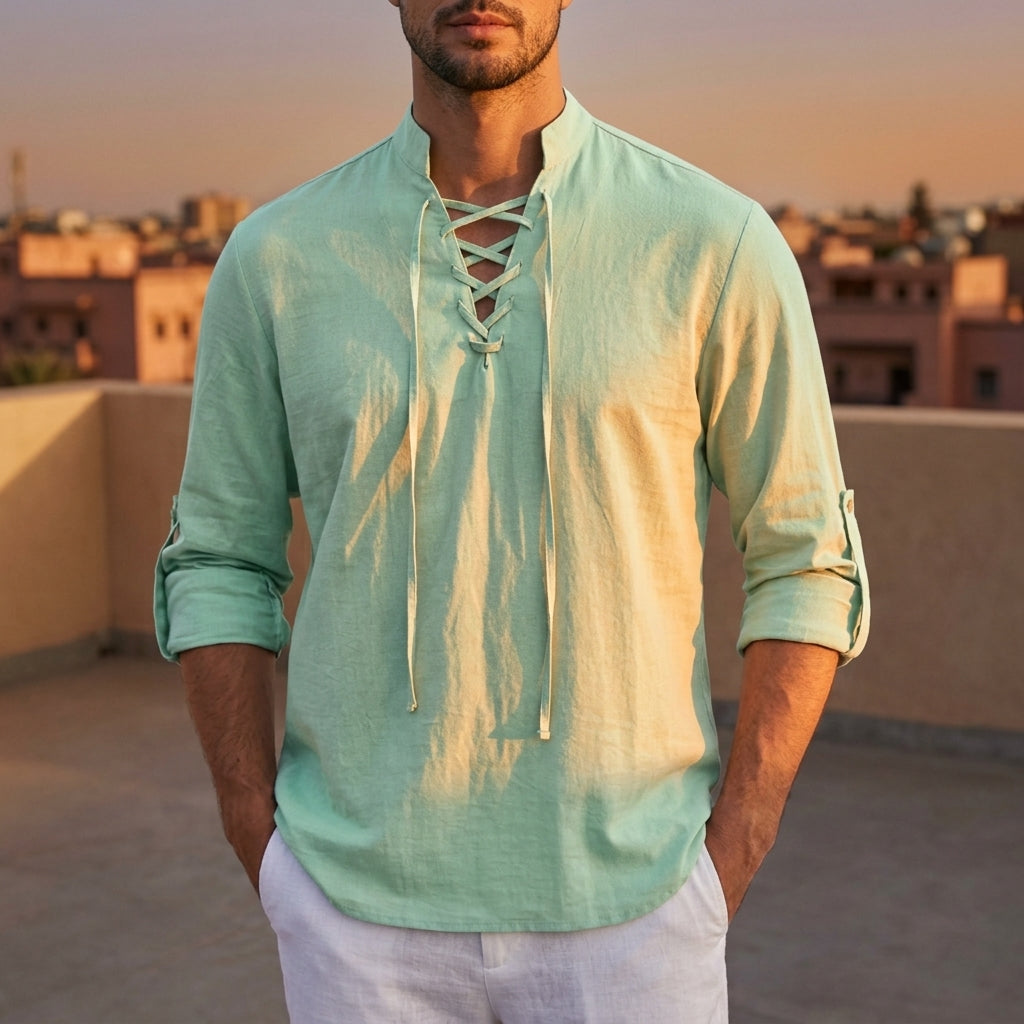 Men's Linen Blend Lace-Up Band Collar Roll-Up Sleeve Shirt