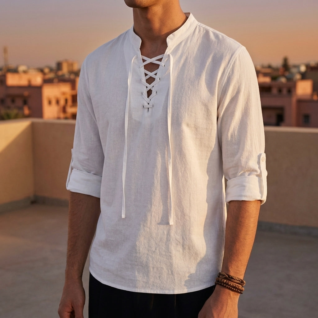 Men's Linen Blend Lace-Up Band Collar Roll-Up Sleeve Shirt