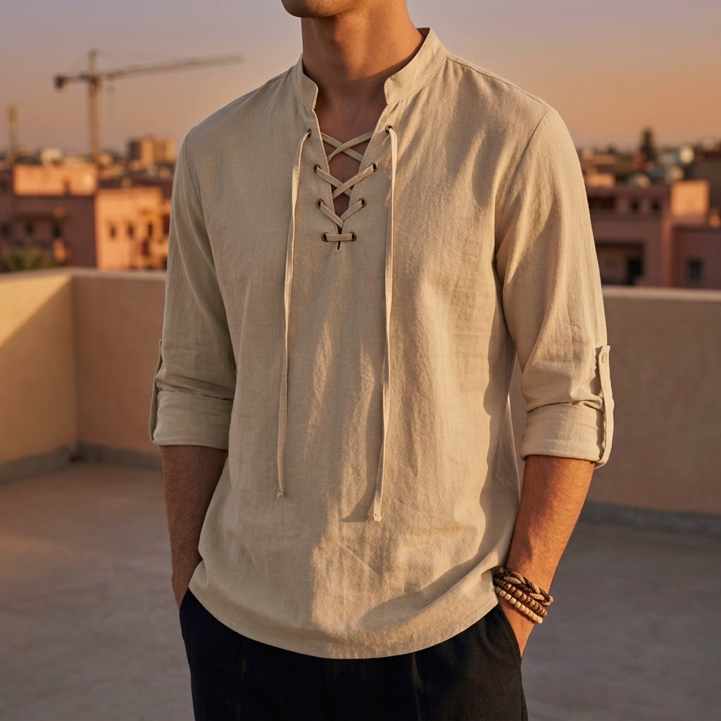 Men's Linen Blend Lace-Up Band Collar Roll-Up Sleeve Shirt