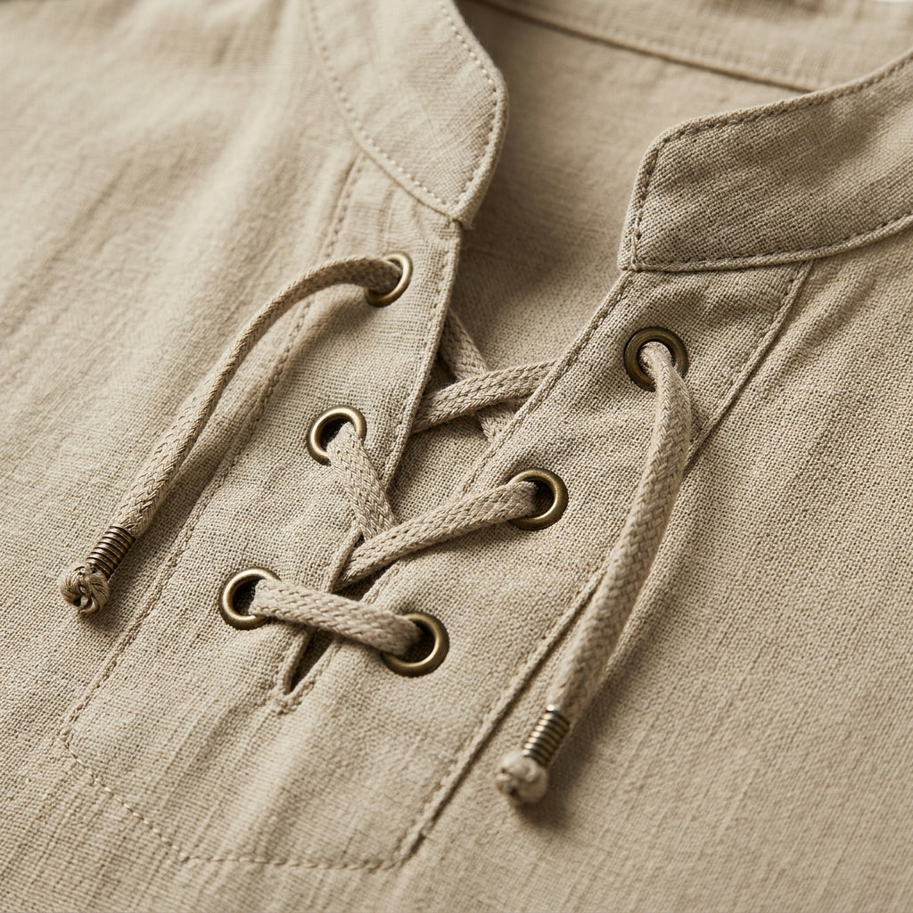 Men's Linen Blend Lace-Up Band Collar Roll-Up Sleeve Shirt