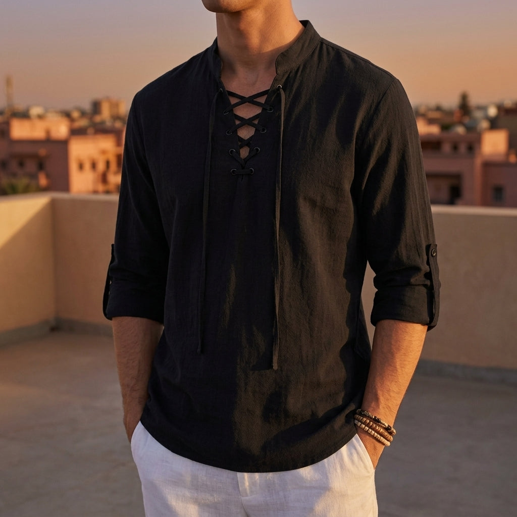 Men's Linen Blend Lace-Up Band Collar Roll-Up Sleeve Shirt