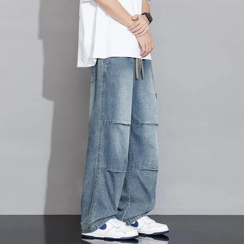 Men's Denim Wide Leg Drawstring Cargo Pants
