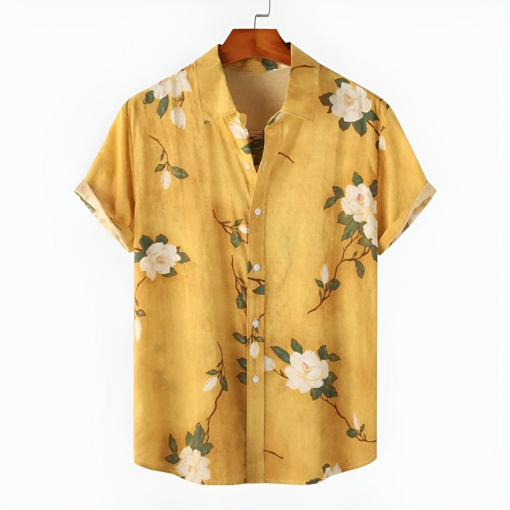 Men’s Floral 3D Print Short Sleeve Button - Up Shirt with Classic Collar