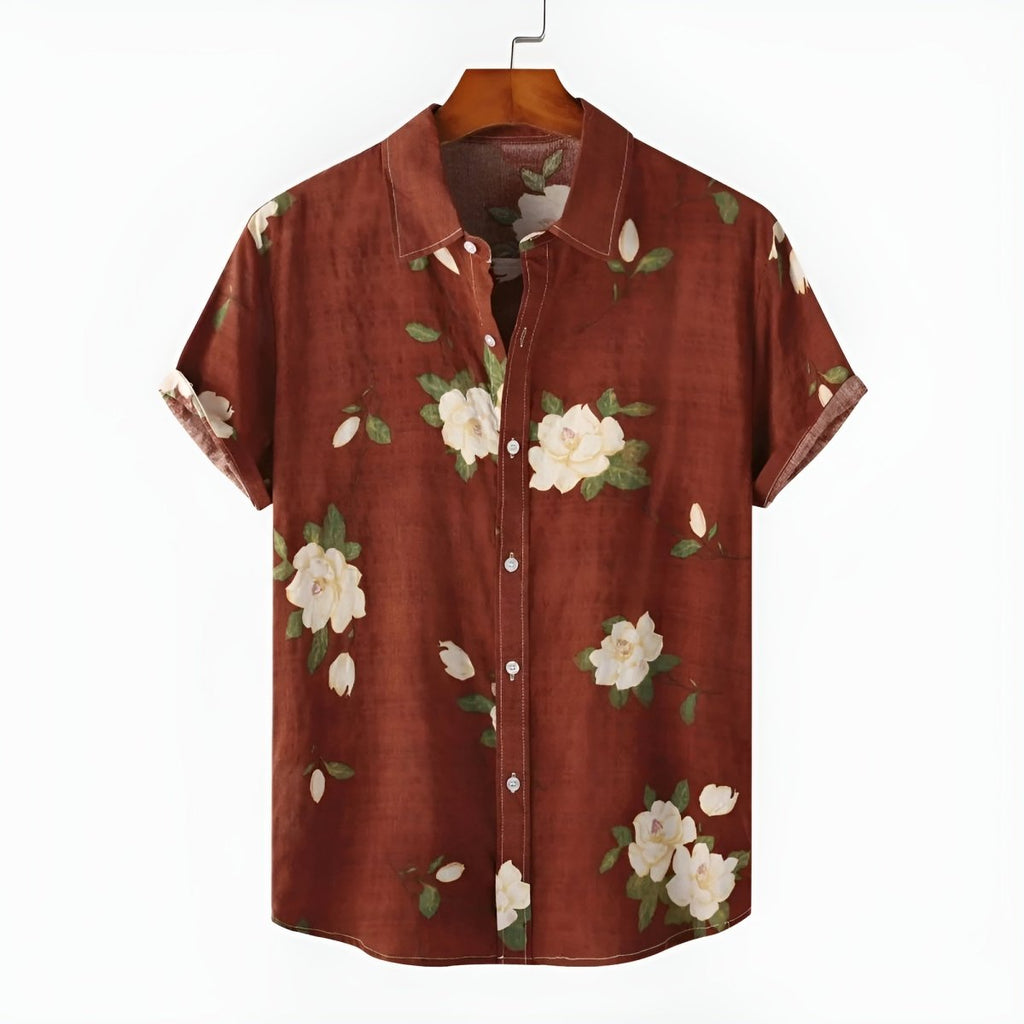 Men’s Floral 3D Print Short Sleeve Button - Up Shirt with Classic Collar