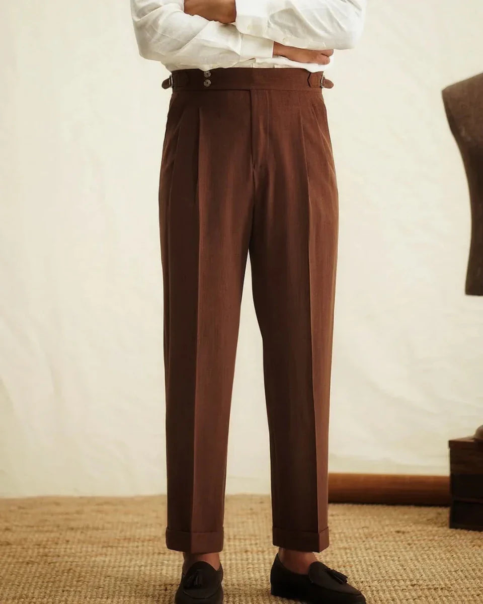 Men’s High - Waisted Pleated Pants with Side Buckle Adjusters and Cuffed Hem
