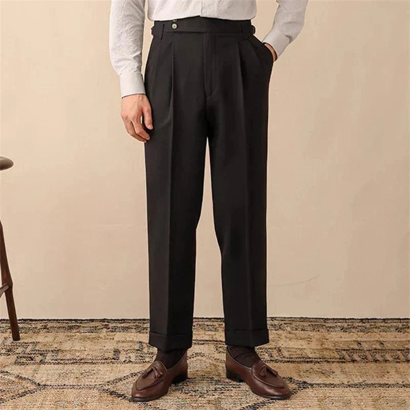 Men’s High - Waisted Pleated Pants with Side Buckle Adjusters and Cuffed Hem