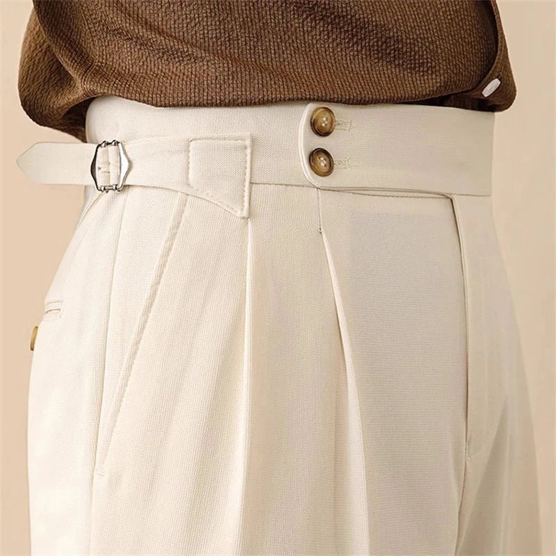 Men’s High - Waisted Pleated Pants with Side Buckle Adjusters and Cuffed Hem