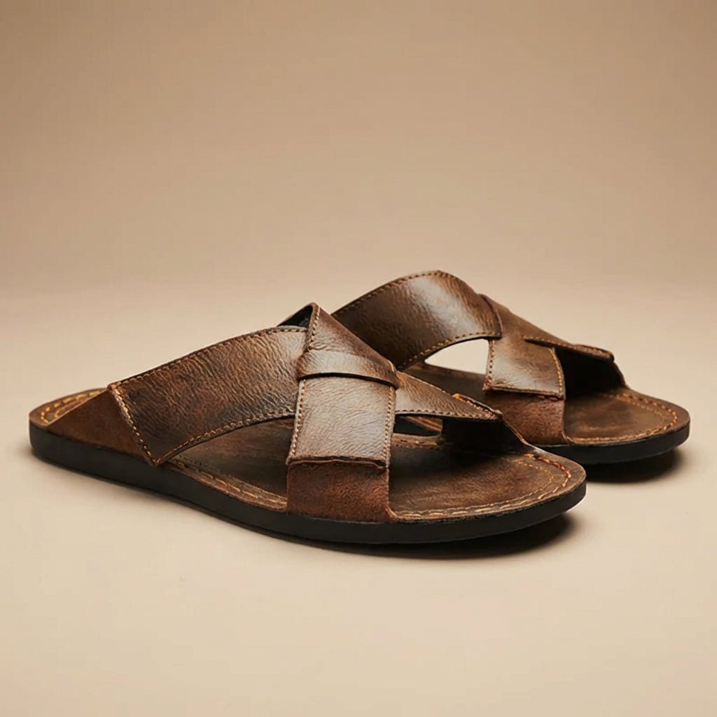 Men’s Leather Cross - Strap Slide Sandals with Contrast Topstitch Detail – Refined Casual Slip - On