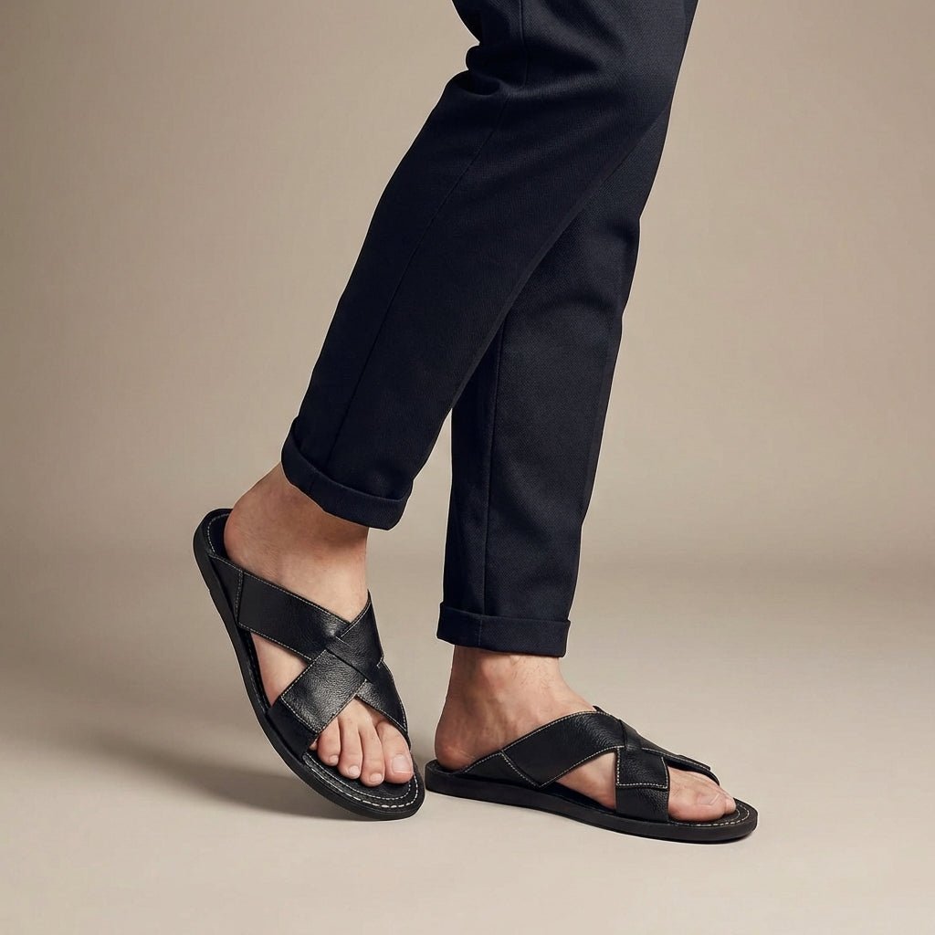 Men’s Leather Cross - Strap Slide Sandals with Contrast Topstitch Detail – Refined Casual Slip - On