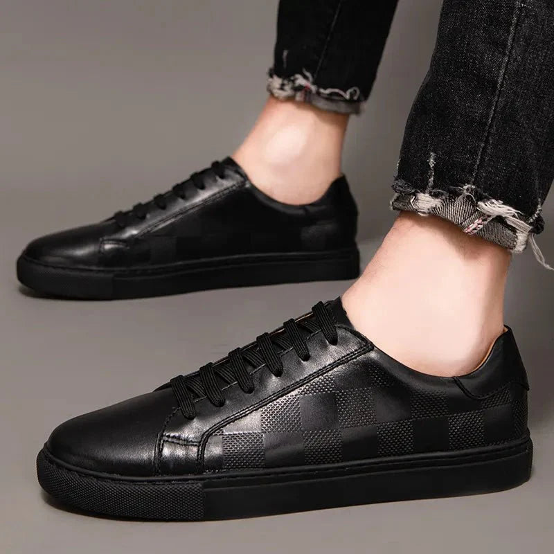 Men’s Leather Lace - Up Sneakers – Minimal Low - Top Trainers with Check Panel Detail