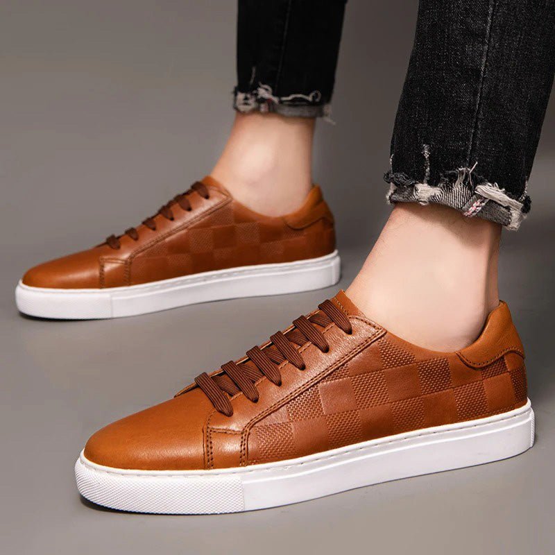 Men’s Leather Lace - Up Sneakers – Minimal Low - Top Trainers with Check Panel Detail