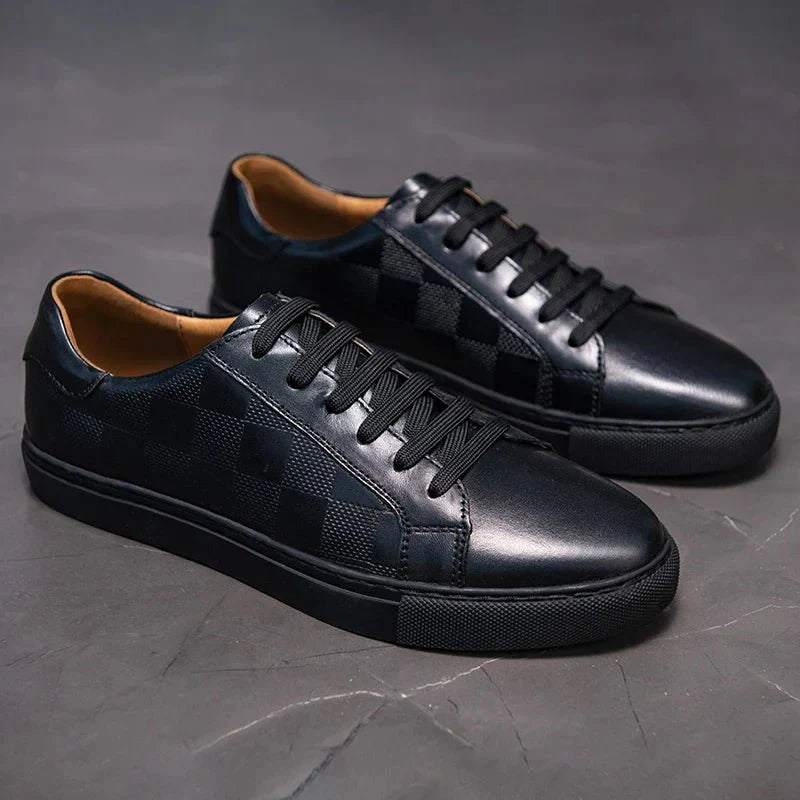 Men’s Leather Lace - Up Sneakers – Minimal Low - Top Trainers with Check Panel Detail