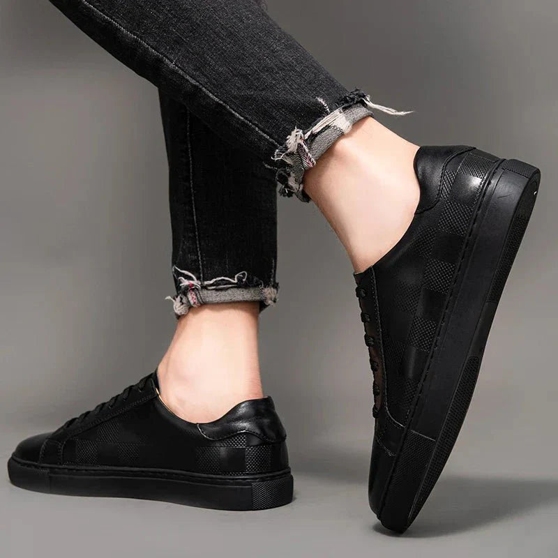 Men’s Leather Lace - Up Sneakers – Minimal Low - Top Trainers with Check Panel Detail