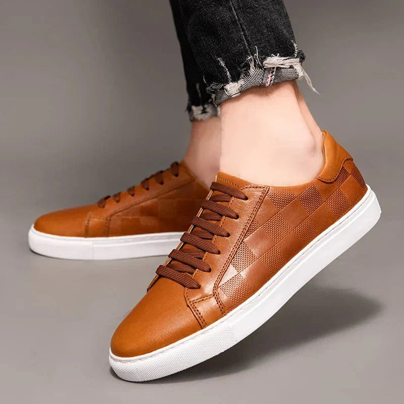 Men’s Leather Lace - Up Sneakers – Minimal Low - Top Trainers with Check Panel Detail