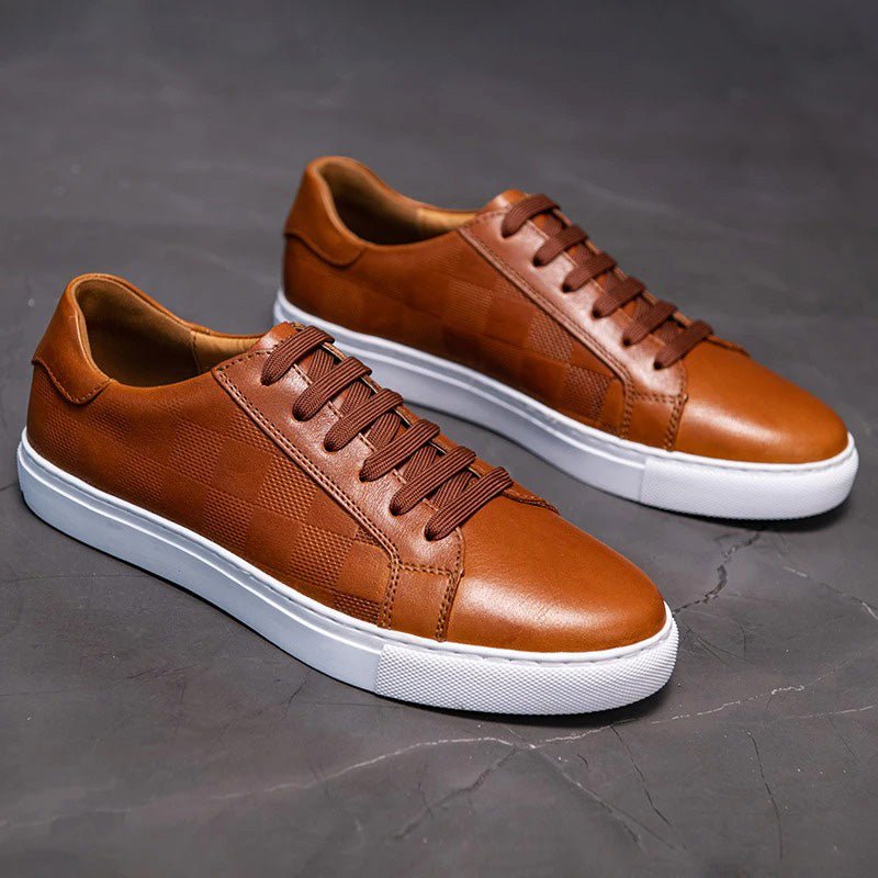 Men’s Leather Lace - Up Sneakers – Minimal Low - Top Trainers with Check Panel Detail
