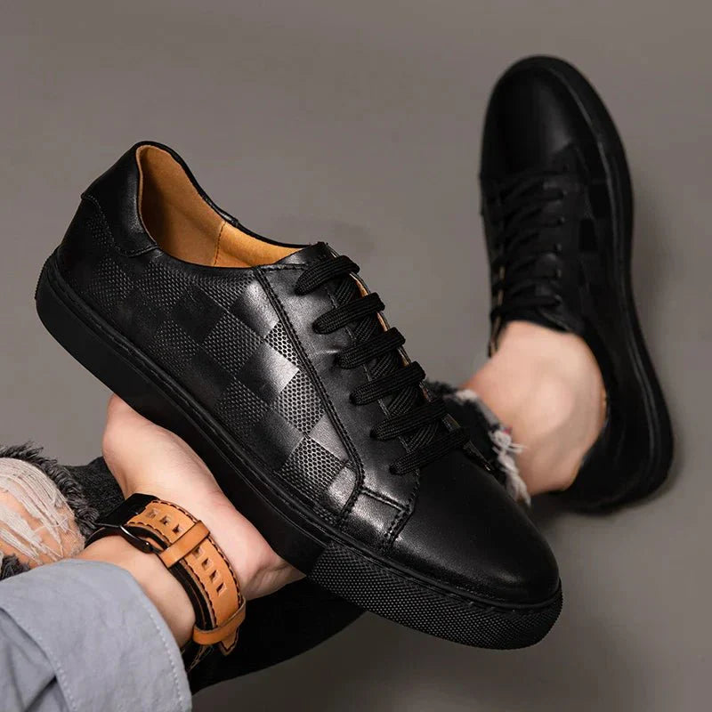 Men’s Leather Lace - Up Sneakers – Minimal Low - Top Trainers with Check Panel Detail