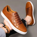 Men’s Leather Lace - Up Sneakers – Minimal Low - Top Trainers with Check Panel Detail