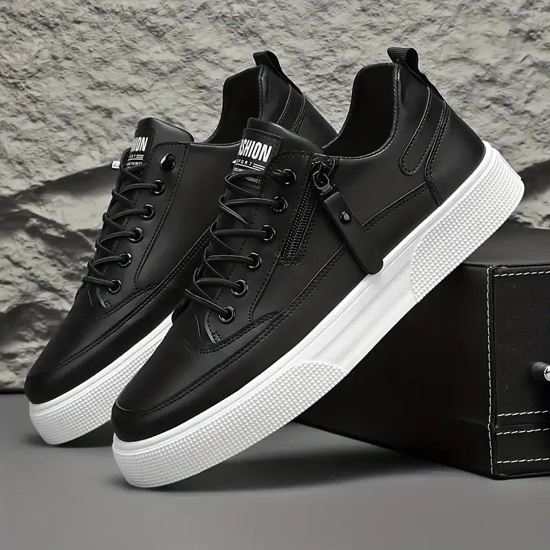 Men's Leather Platform Lace Up Sneakers with Side Zip