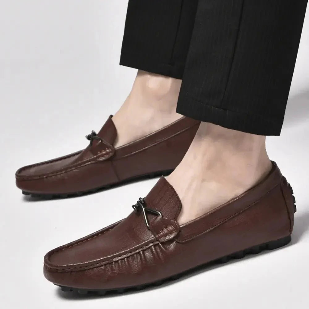 Men’s Leather Slip - On Driving Loafers with Metal Bit Detail and Elevated Sole