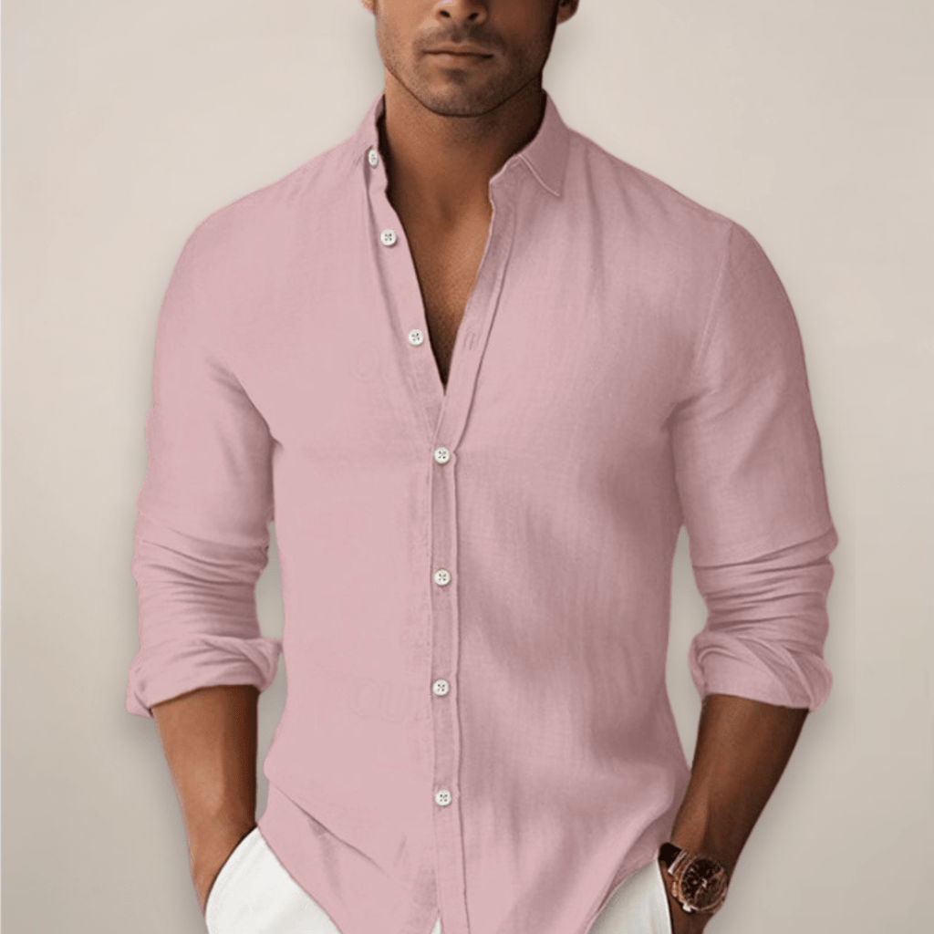 Men’s Lightweight Linen Button - Front Shirt with Open Neck and Long Sleeves