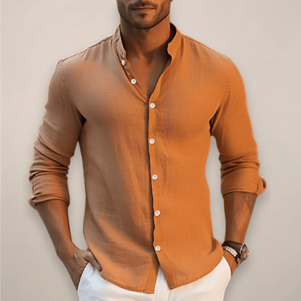 Men’s Lightweight Linen Button - Front Shirt with Open Neck and Long Sleeves