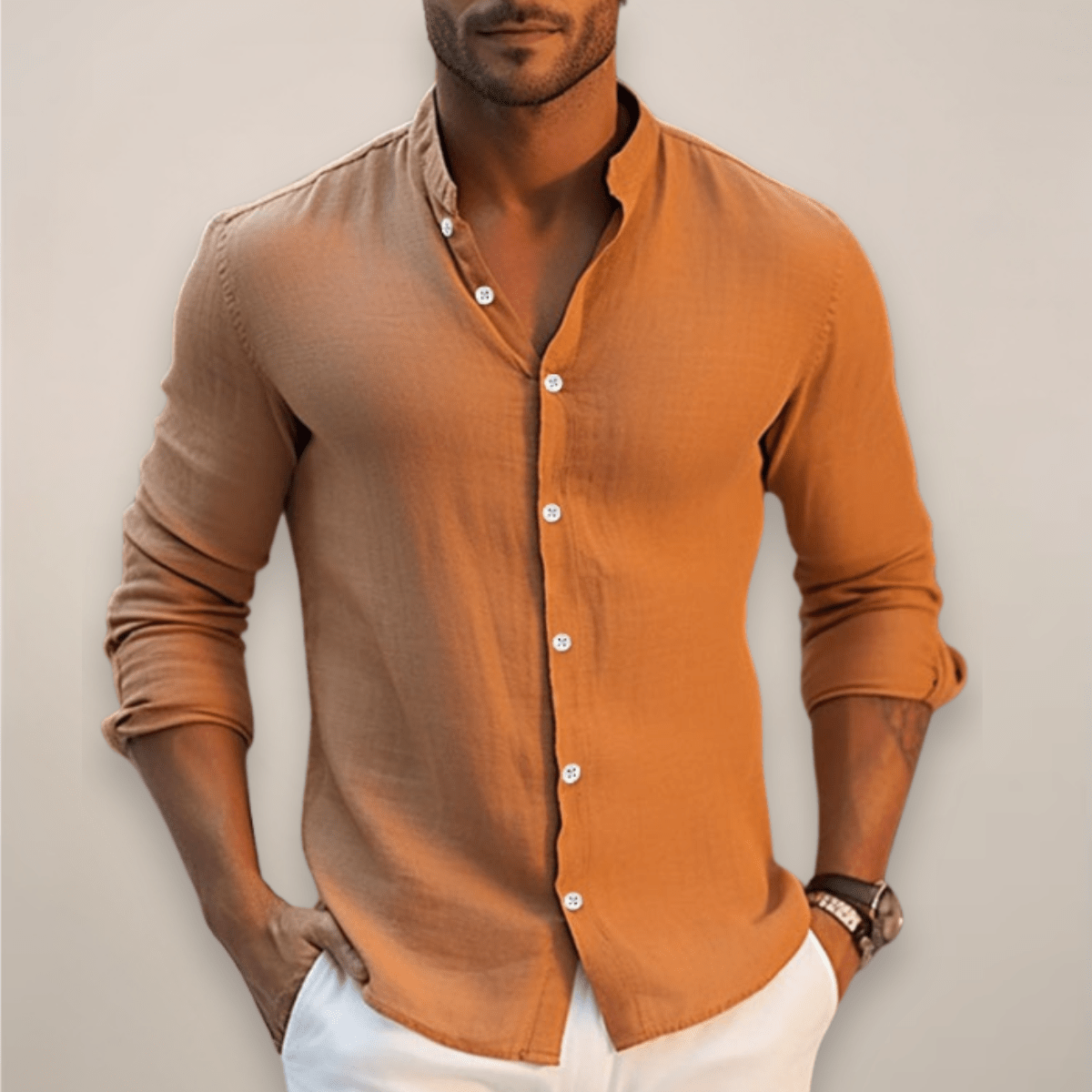 Men’s Lightweight Linen Button - Front Shirt with Open Neck and Long Sleeves